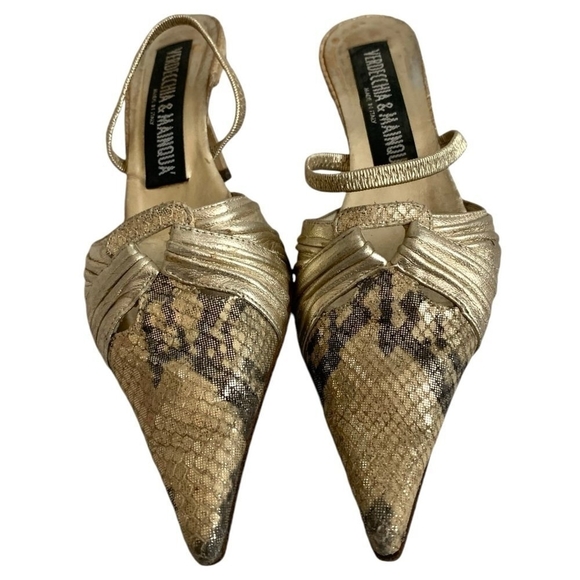 Vintage VERDECCHIA & MAINQUA Gold Snakeskin Leather Mules EU35 US5.5 - Picture 2 of 6
